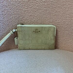 Coach Beige Signature Canvas Wristlet with White Trim